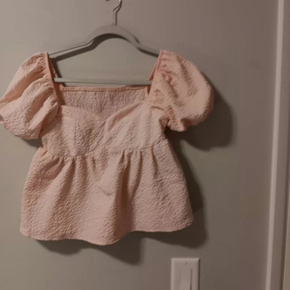 Shein Smocked Puff Sleeve Peplum Top - Light Pink - Picture 9 of 12